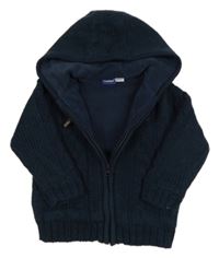 Tmavomodrý žebrovaný vzorovaný pletený propínací podšitý svetr s kapucí lupilu