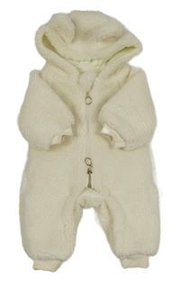 Bílá huňatá zateplená kombinéza s kapucí s oušky 