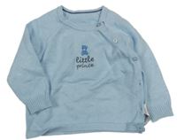 Světlemodrý melírovaný propínací svetr s medvídkem a nápisy little nutmeg