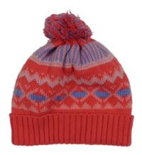 Jahodovo-modro-růžová vzorovaná pletená zateplená čepice s bambulí 