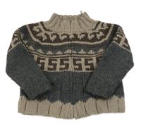 Tmavošedo/hnědo-šedohnědý vlněný propínací svetr se vzorem