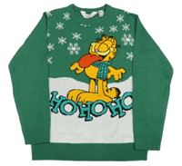 Tmavozeleno-bílý pletený svetr s Garfieldem H&M