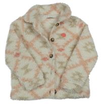 Smetanovo-broskvovo-světlehnědá vzorovaná huňatá bunda s nášivkou a límečkem GARCIA