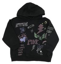 Černá mikina s obrázky a kamínky a kapucí ZARA