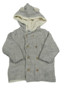 Šedý melírovaný vlněný propínací zateplený svetr s kapucí s oušky Topomini