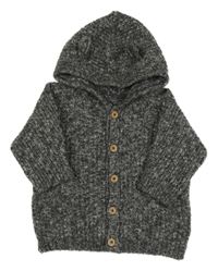 Tmavošedo-bílý melírovaný žebrovaný propínací svetr s kapucí s oušky George