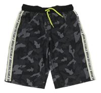 Černo-šedé army šusťákové funkční kraťasy s pruhem s nápisy ERGEENOMIXX