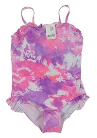 Nové - fialovo-bílo-růžovo-křiklavě růžové batikované jednodílné plavky s volánky angels