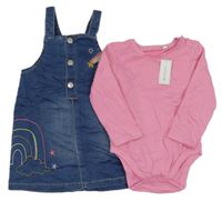 Nové - 2Set - Modré teplákové riflové šaty s duhou a kometou + růžové body Bluezoo