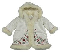 Bílá zateplená bunda s výšivkami květů a kapucí H&M