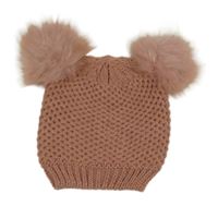 Starorůžová pletená čepice s bambulemi