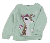 Světlezelená chlupatá mikina se srnkou z flitrů Kiki&Koko