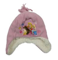 Růžová třpytivá fleecová čepice s Disney princeznami a třásněmi Yd.