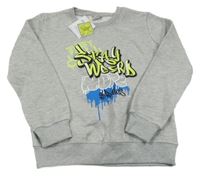 Nové - Šedá melírovaná mikina s graffiti nápisy Y.F.K.