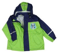 Zeleno-tmavomodrá šusťáková nepromokavá bunda s potiskem a kapucí Impidimpi