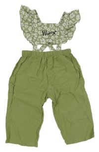 Zelené lehké kalhoty s kšandami s květy a volány Shein