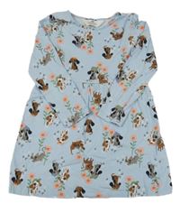 Světlemodré květované bavlněné šaty se psy H&M