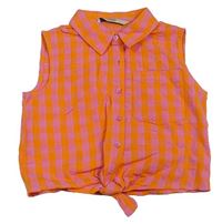 Oranžovo-růžový kostkovaný košilový crop top s uzlem George