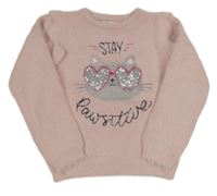 Světlerůžový chlupatý svetr s kočkou a flitry Primark
