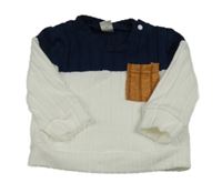 Bílo-tmavomodrá lehká žebrovaná úpletová mikina s kapsou Shein