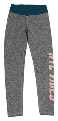 Šedé melírované sportovní legíny s petrolejovým pasem a nápisem H&M