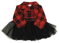 Červeno-černé kostkované šaty s tylem a límečkem