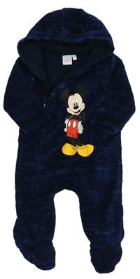 Tmavomodrá melírovaná chlupatá podšitá kombinéza s kapucí a Mickeym zn. Disney