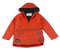 Červená voděodolná zateplená bunda s hasiči a kapucí Mothercare