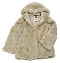 Béžový kožešinový podšitý kabát s bambulemi a kapucí M&S