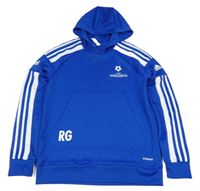 Tmavomodro-bílá sportovní mikina s pruhy a nápisy a kapucí Adidas