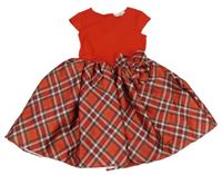 Červeno-smetanovo-zelené šaty s 3D mašlí a kostkovanou sukní H&M