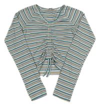 Bílo-modro-béžovo-zelené pruhované žebrované crop triko se stahováním M&Co.