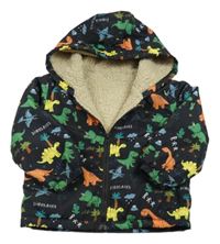 Černá šusťáková zateplená bunda s dinosaury a kapucí zn. Shein