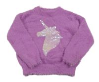 Fialový chlupatý svetr s jednorožcem z flitrů Dunnes