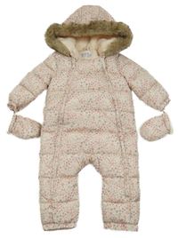 Bílá květinová šusťáková zimní kombinéza s kapucí+ rukavice F&F