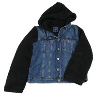 Modro-černá riflovo/huňatá zateplená bunda s kapucí gap