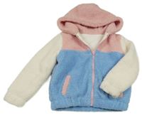 Růžovo-modro-bílá huňatá zateplená bunda s kapucí Dunnes