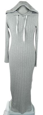 Dámské šedé žebrované pletené dlouhé šaty s kapucí 