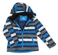 Tmavomodro-bílo-šedá pruhovaná šusťáková zimní bunda s kapucí Kids