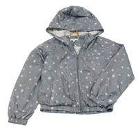 Šedá šusťáková jarní bunda s hvězdami a kapucí 