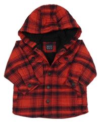 Červeno-černá kostkovaná zateplená košilová bunda s kapucí Next