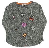 Černo-blý melírovaný svetr s výšivko H&M