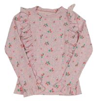 Světlerůžová vzorovaná halenka s kytičkami a volánky