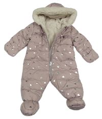 Starorůžová šusťáková prošívaná zimní kombinéza se srdíčky a kapucí George 