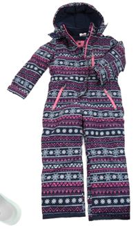 Tmavomodro-růžová vzorovaná šusťáková zimní kombinéza s kapucí Topolino