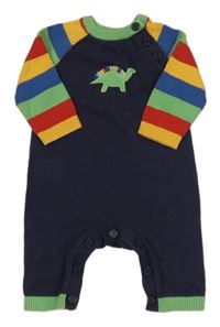 Tmavomodro-pruhovaný pletený overal s dinosaurem Mothercare 