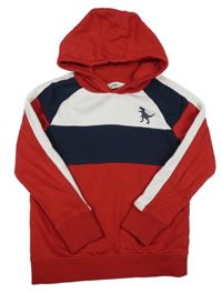 Červeno-tmavomodro-bílá mikina s dinosaurem a kapucí C&A