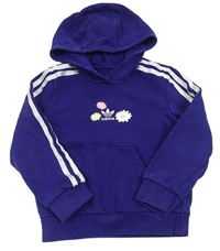 Tmavofialovomodrá mikina s květy a kapsou a kapucí Adidas