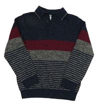 Tmavomodro/vínovo/šedý melírovaný svetr s pruhy M&Co