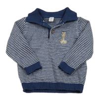 Tmavomodro-bílý pruhovaný úpletový svetr s králíčkem - Peter Rabbit a límečkem M&S